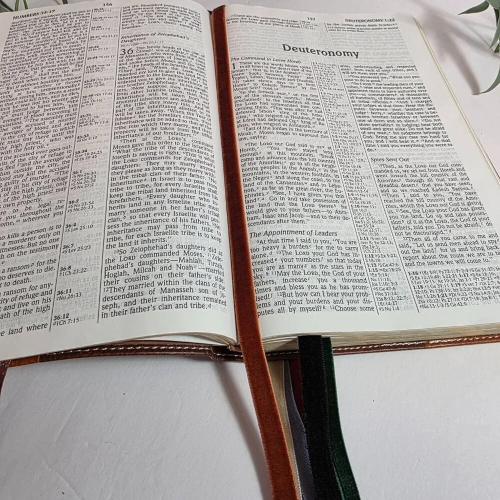 Handmade Velvet Bible Bookmark with Glass Beads & Embossed Leather Tab